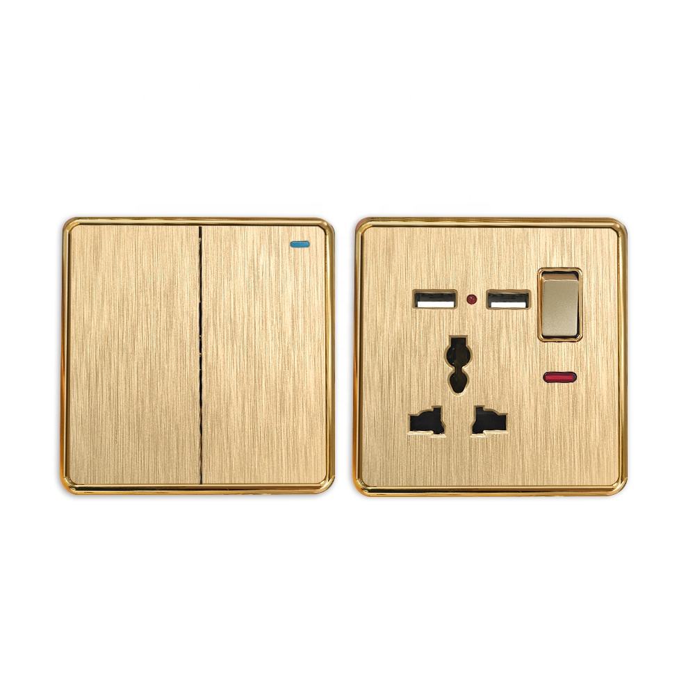 3 pin Universal PC golden brushed panel  2 USB type a c Home Wall Switch Socket Outlet with Neon