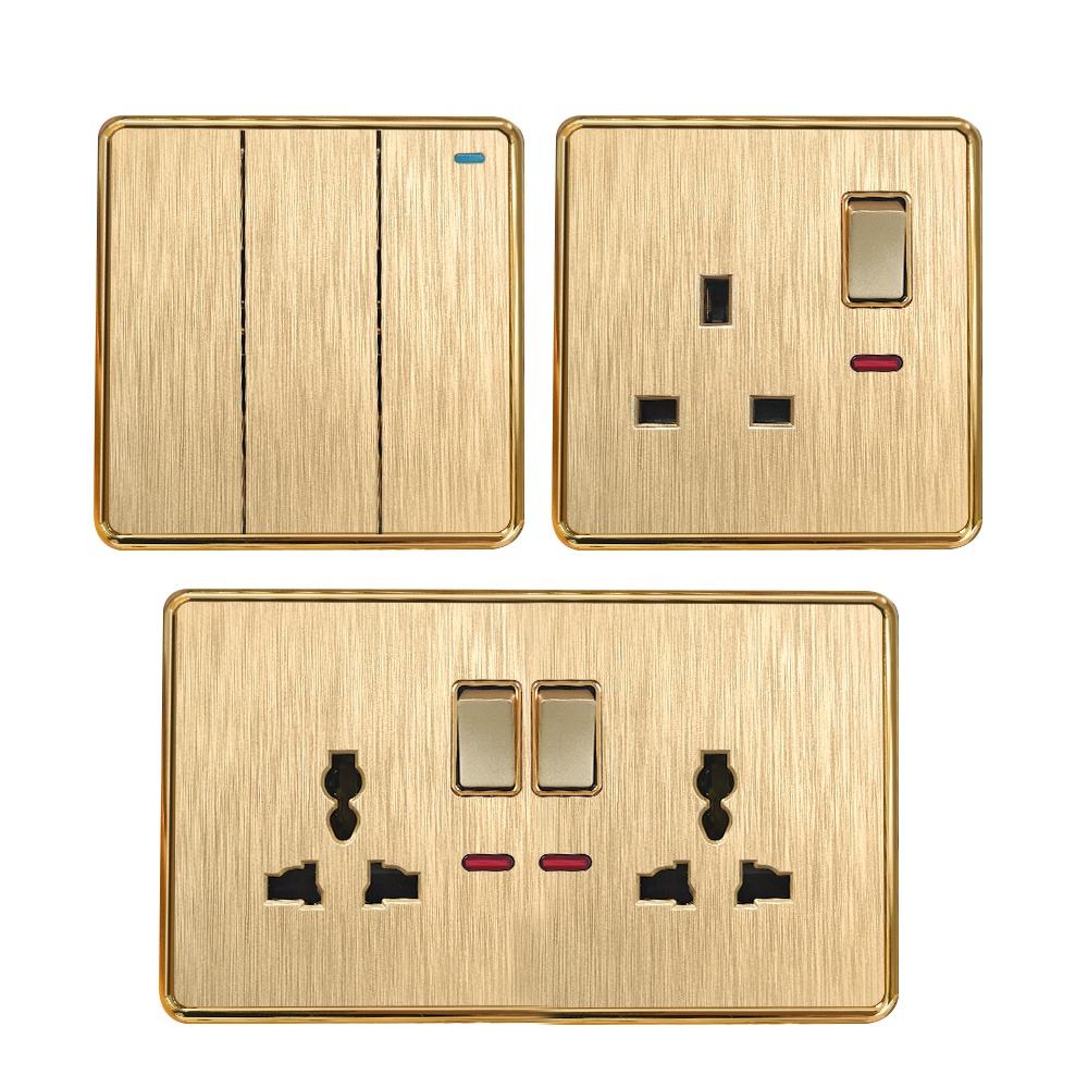 220v 250v 6 Pin PC Brushed Panel Traditional Wall home neon dual power Switches socket outlet