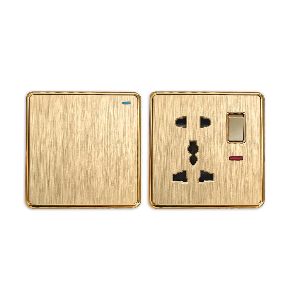 16A 220V 5 Pin PC Golden Brushed Panel Traditional Wall home neon power Switches socket outlet with switch