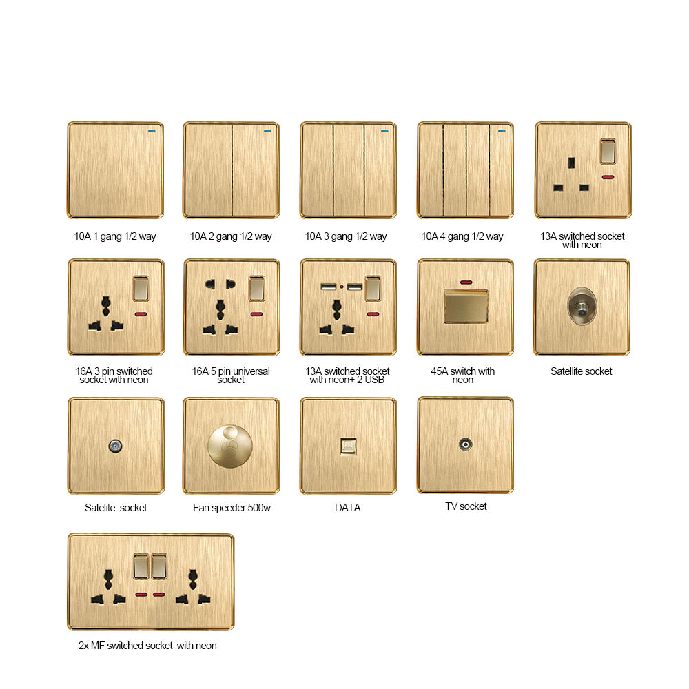 Modern Design golden single or double pole electrical standard size Light Control PC Wall Switch Switches