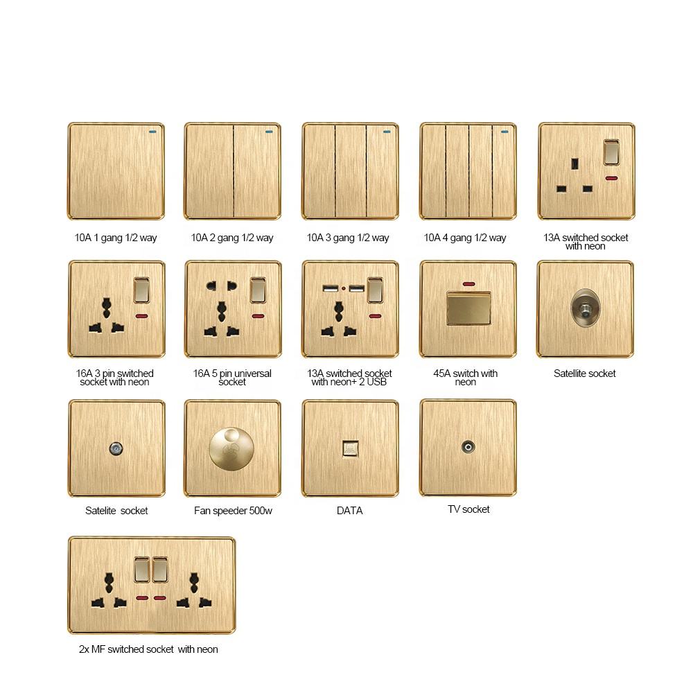 16A 220V 5 Pin PC Golden Brushed Panel Traditional Wall home neon power Switches socket outlet with switch